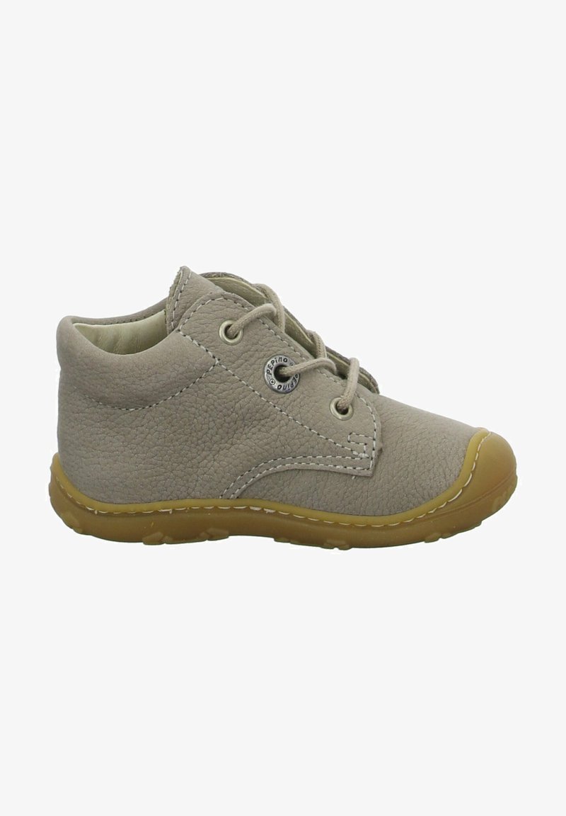 Beige leather ankle boots with textured surface, white stitching, lace-up design, rounded toe, and rubber sole with yellow trim.
