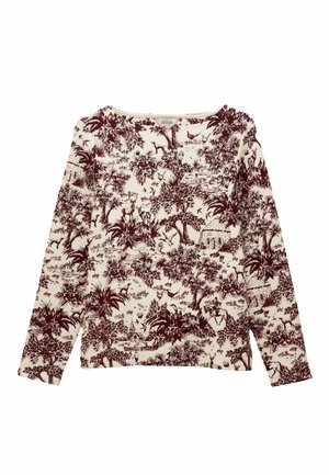 Long-sleeve pullover in off-white with burgundy botanical print. Features a round neckline and a relaxed fit. Soft cotton fabric.