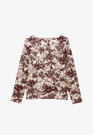 Langarm-Pullover in Off-White mit burgunderrotem botanischen Print. Verfügt über einen runden Ausschnitt und eine lockere Passform. Aus weichem Baumwollstoff.