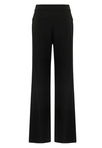 Zwarte, wijde broek gemaakt van gladde stof. Heeft een platte tailleband, zijzakken en strakke lijnen voor een verzorgde uitstraling.