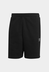 Pantaloni corti neri in cotone con vita elastica, tasche laterali e un piccolo logo bianco sul lato sinistro in basso. Texture liscia.