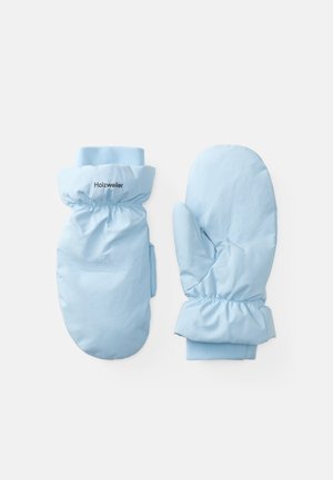 Light blue snow mittens made of soft, water-resistant material. Features elastic cuffs and a logo on the wrist area.