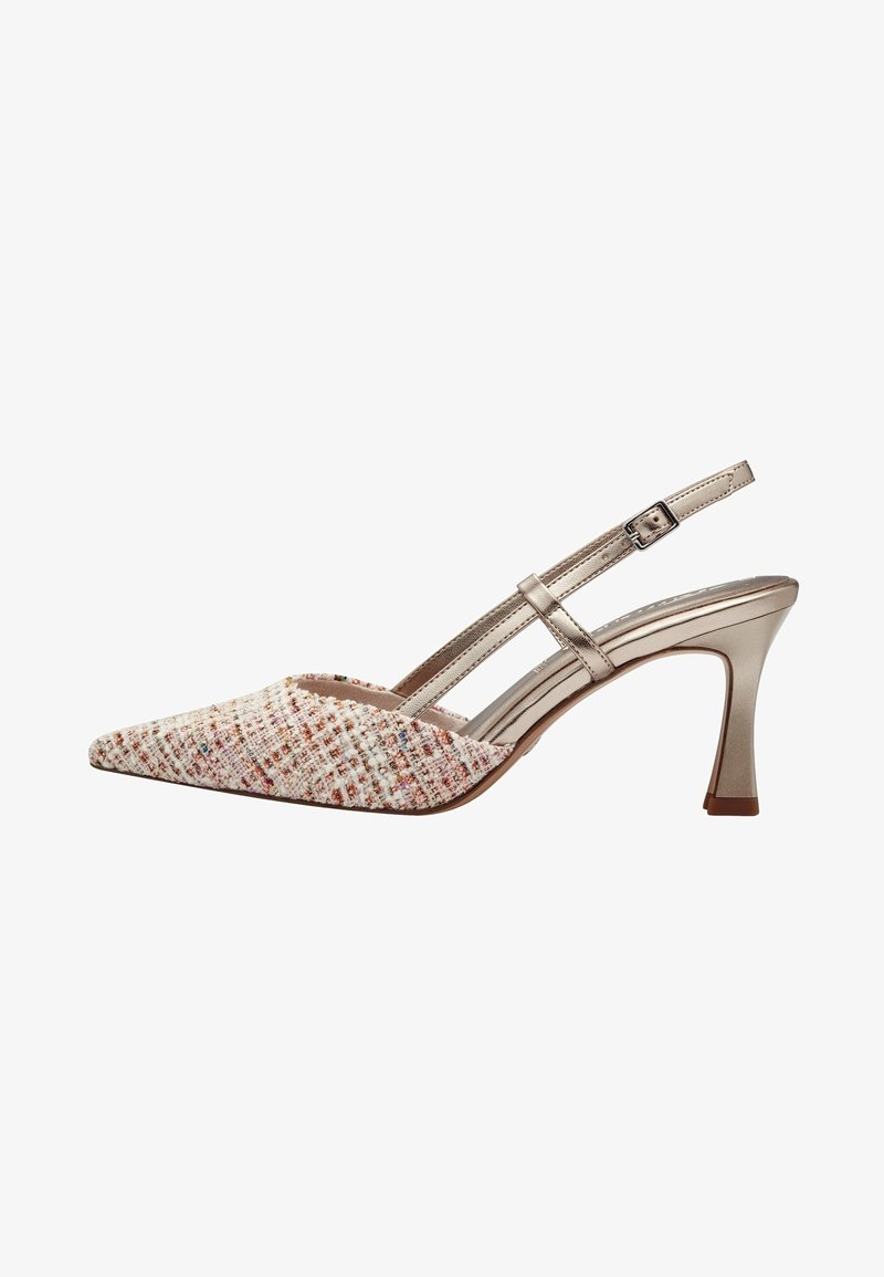 Escarpin slingback à bout pointu en tweed écru avec fils multicolores ; lanière métallique fine et talon stiletto de 7,5 cm. Texture lisse.
