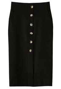 Jupe noire longueur genou avec une fermeture à boutons sur le devant et des poches latérales.
