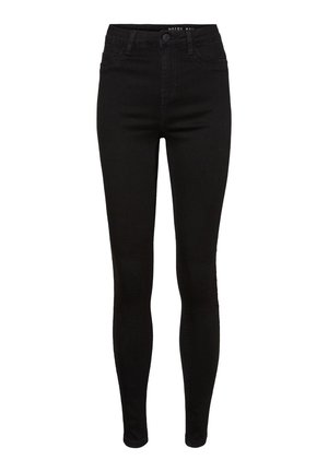 Svarte skinny jeans i denim med høy midje, fem lommer, beltehemper og subtile sømdetaljer. Glatt tekstur, tettsittende fasong.