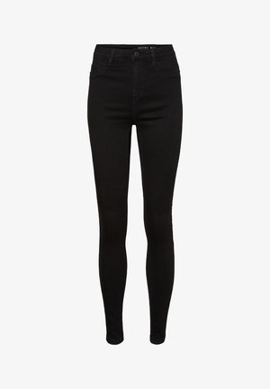 Svarte skinny jeans i denim med høy midje, fem lommer, beltehemper og subtile sømdetaljer. Glatt tekstur, tettsittende fasong.