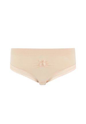 Culotte basse couleur pêche en tissu doux, avec un détail en nœud à l'avant et des bords festonnés le long de la taille.