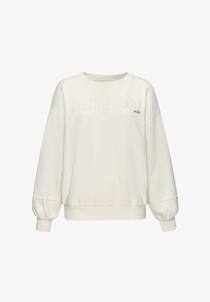 Crème-kleurige sweatshirt met een ronde halslijn, verlaagde schouders en elastische manchetten. Kenmerkt zich door gebosselde teksten "DREAM" en "wild." Soepele textuur.