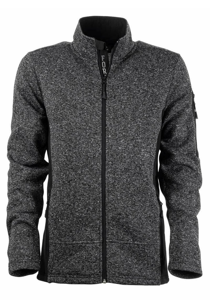 Grijze fleece jas met een opstaande kraag, ritssluiting aan de voorkant en zwarte zijpanelen. Het heeft een textuurstof en twee zijzakken.
