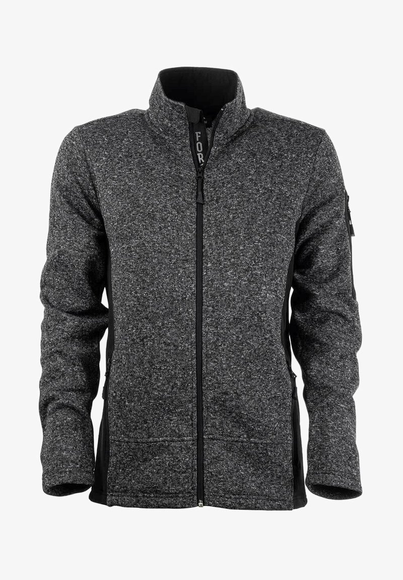 Grijze fleece jas met een opstaande kraag, ritssluiting aan de voorkant en zwarte zijpanelen. Het heeft een textuurstof en twee zijzakken.