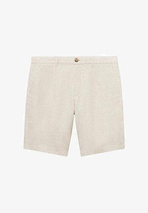 Light beige linen shorts featuring a button closure, two side pockets, and a smooth texture. The leg length is above the knee.