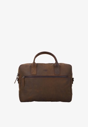 Brūna ādas portfelis ar divām rokturiem un horizontālu priekšējo rāvējslēdzēja kabatu uz balta fona.