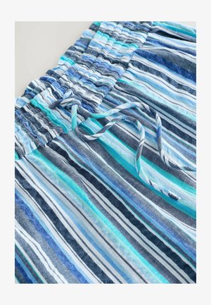 Shorts rayés en tissu léger, présentant des rayures de différentes nuances de bleu et blanc, une taille élastique et un cordon de serrage.