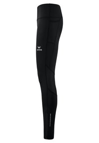 Leggings de sport noirs en matériau lisse et extensible, avec des accents en maille et une fermeture éclair au niveau de la cheville. Logo affiché en blanc.