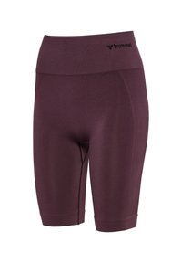 Shorts de sport bordeaux avec une taille haute, fabriqués en matériau extensible. Présentent une texture lisse et un logo au niveau de la taille.