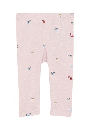 Roze legging gemaakt van zachte stof, met witte spiraalpatronen en kleurrijke illustraties van dieren en harten overal.