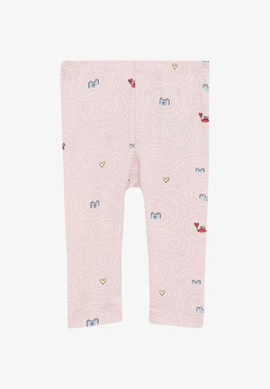 Roze legging gemaakt van zachte stof, met witte spiraalpatronen en kleurrijke illustraties van dieren en harten overal.
