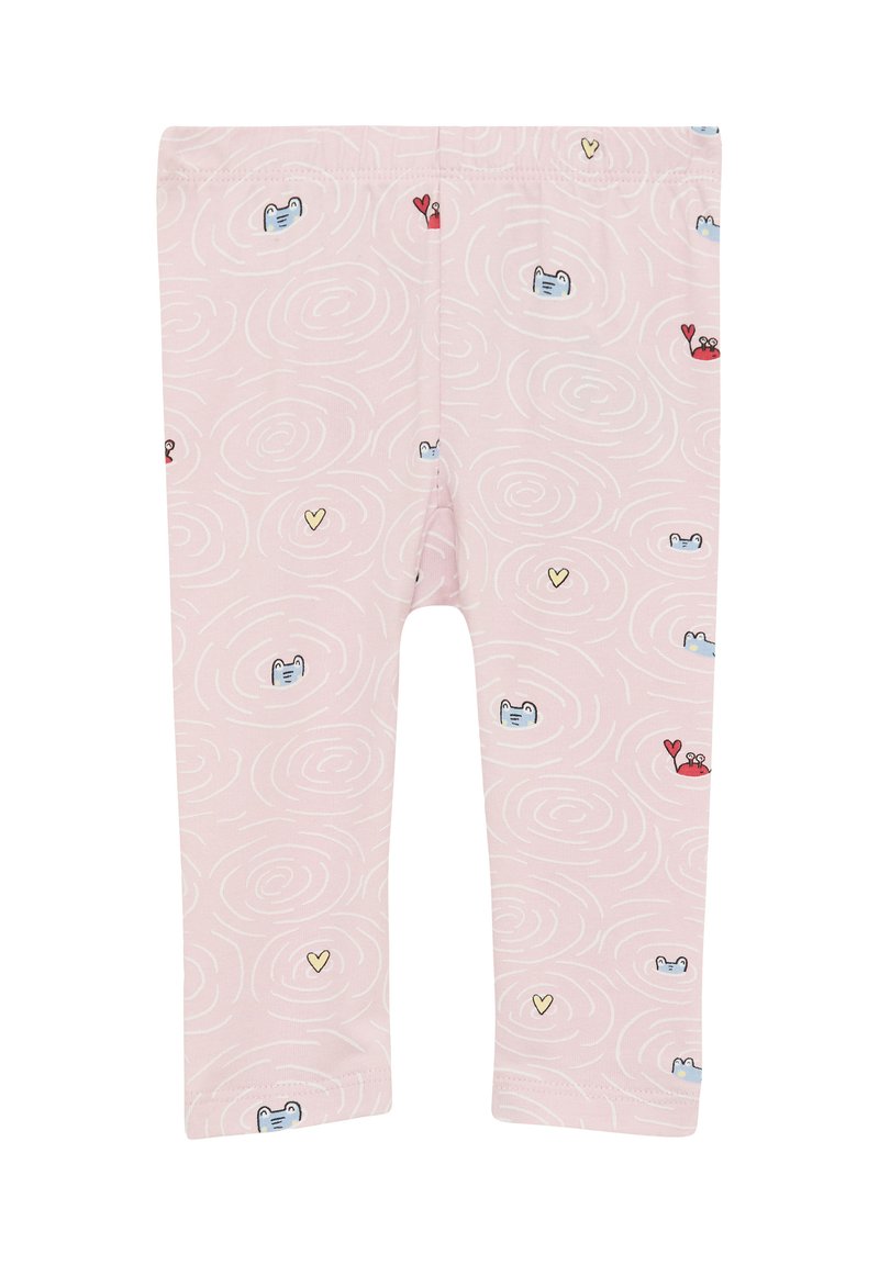 Roze legging gemaakt van zachte stof, met witte spiraalpatronen en kleurrijke illustraties van dieren en harten overal.