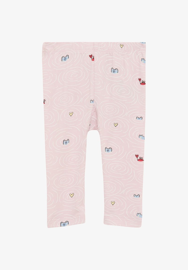 Leggings roses en tissu doux, ornés de motifs en tourbillon blancs et d'illustrations colorées d'animaux et de cœurs.