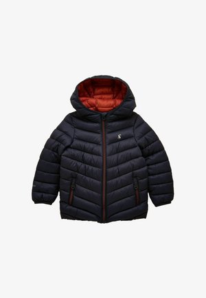 Kinder-Steppjacke in Marineblau mit orangefarbenem Futter, Kapuze, Frontreißverschluss, Reißverschlusstaschen und kleinem weißem Pinguin-Logo auf der Brust.