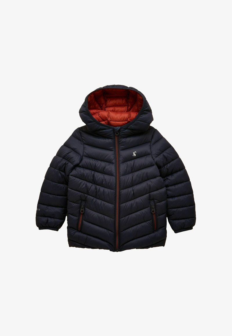 Laste mereväe sinine sulejope oranži voodriga, kapuutsiga, ees tõmblukuga, tõmblukuga taskutega ja väikese valge pingviini logoga rinnal.