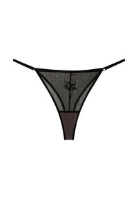 Black mesh thong with sheer fabric and a solid panel at the back. Features thin side straps and a floral pattern in the front.