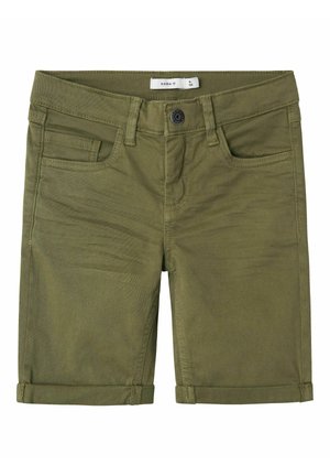 Krótkie spodenki bawełniane w oliwkowej zieleni z przodu na guziki, szlufkami na pasek, przednimi kieszeniami i podwiniętymi mankietami, rozmiar 8-9 lat.