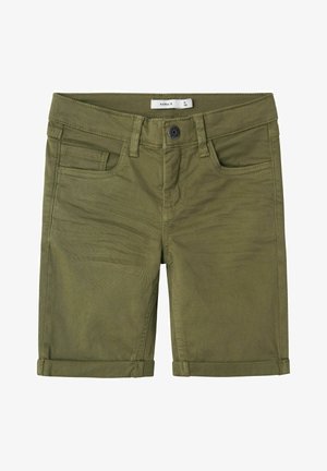 Krótkie spodenki bawełniane w oliwkowej zieleni z przodu na guziki, szlufkami na pasek, przednimi kieszeniami i podwiniętymi mankietami, rozmiar 8-9 lat.
