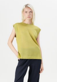 Top senza maniche di colore verde lime, realizzato in maglia con scollatura rotonda e bordi a coste, caratterizzato da una vestibilità comoda e una texture liscia. Abbinato a pantaloni scuri.