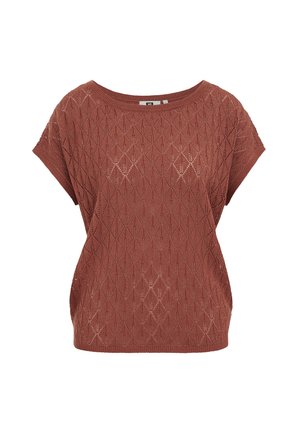 Haut en maille à manches courtes couleur rouille avec un motif ajouré en forme de diamant et un col rond sur fond blanc.