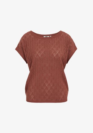 Haut en maille à manches courtes couleur rouille avec un motif ajouré en forme de diamant et un col rond sur fond blanc.