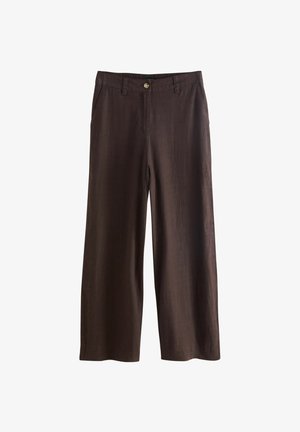 Bruna vida byxor med platt framstycke, knappstängning och två sidofickor. Tillverkade av ett slätt, lätt tyg.