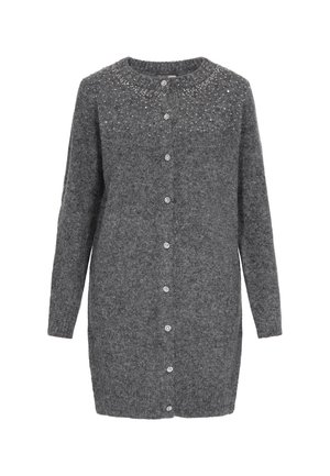 Šedý pletený cardigan s kulatým výstřihem, dlouhými rukávy a ozdobnými knoflíky, se strukturovaným vzorem poblíž ramen.