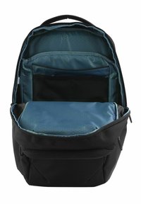 Sac à dos noir avec un intérieur à motif bleu, comportant plusieurs compartiments et une section rembourrée pour la protection. Fermeture zippée.