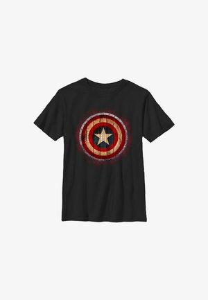 Maglietta nera con design consumato dello scudo circolare di Captain America con trama in legno rosso, bianco e blu e stella bianca centrale.