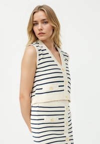 Mouwloos gestreept vest in roomkleurig en marineblauw, met opvallende knopen, zijzakken en een gestructureerde tailleband met een gevlochten detail.