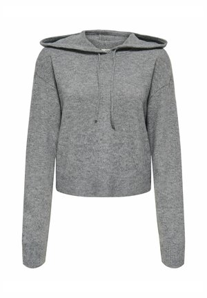 Grå, kort hoodie gjord av mjukt stickat tyg. Har en dragsko i huvan, långa ärmar och ribbade muddar och nederkant. Enkelt design.