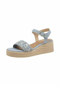 Blue espadrille wedge sandal with floral embroidery across the strap, adjustable ankle strap, and jute-wrapped platform sole.
