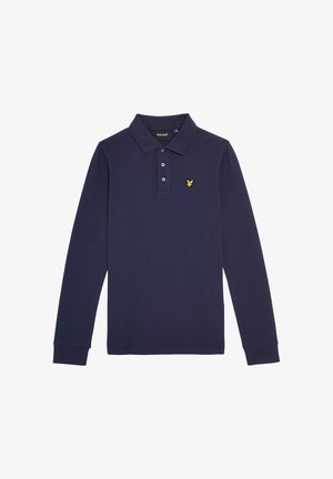 Polo à manches longues en coton de couleur marine, avec un col, une patte de boutonnage à trois boutons et un petit logo d'aigle jaune sur la poitrine.