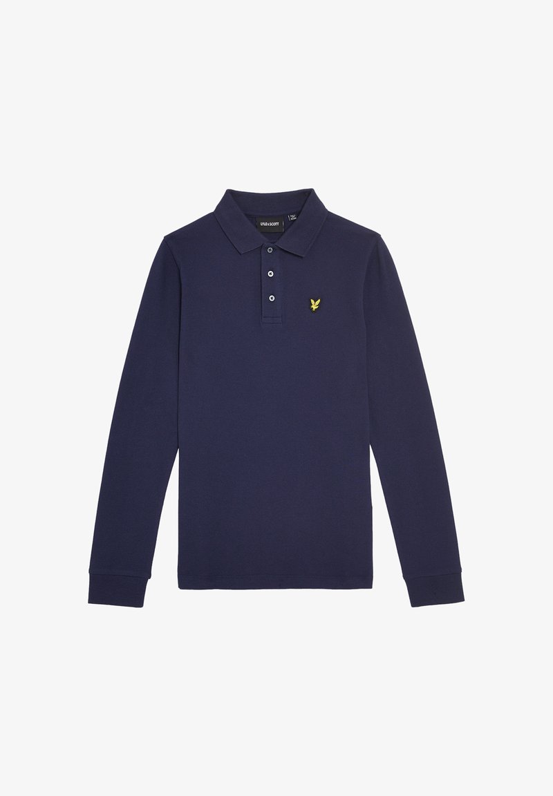 Katoenen polo met lange mouwen in marineblauw, met een kraaghalslijn, een drievoudige knoopsluiting en een klein geel arendlogo op de borst.