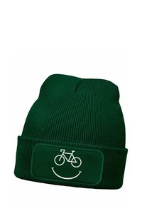 Green knitted beanie with a folded brim. Front features a white bicycle graphic and a smiley face design on a rectangular patch.