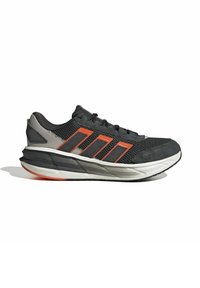 Chaussure de sport noire avec dessus en mesh, rayures orange et accents gris. Dispose d'une semelle texturée avec une technologie d'amorti appelée « Cloudfoam ».