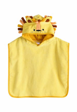 Yellow lion-themed hooded poncho made of soft fabric. Features detailed face with ears and manes in darker shades. Edged with a solid yellow trim.