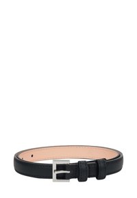 Black leather belt with a smooth texture, a silver-tone metal buckle, and multiple adjustment holes. Accented with stitched detailing.