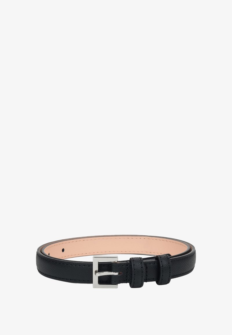 Black leather belt with a smooth texture, a silver-tone metal buckle, and multiple adjustment holes. Accented with stitched detailing.