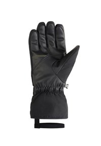 Gant isolant noir avec paume en cuir, tissu texturé au poignet, élastique de resserrement et sangle réglable pour un ajustement sécurisé.