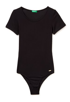 Zwart geribt body met korte mouwen, een ronde hals en drukknoopsluiting in het kruis, United Colors of Benetton-label binnenin de kraag.
