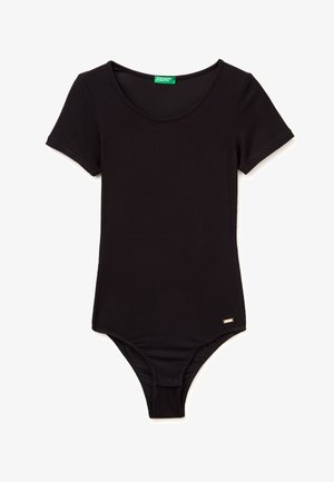 Body nero a maniche corte a costine con scollo rotondo e chiusura a scatto all'inguine, etichetta United Colors of Benetton all'interno del colletto.