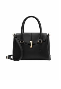 Schwarze Lederhandtasche mit strukturierter Form, doppelten oberen Griffen, abnehmbarem Schultergurt, goldfarbenen Akzenten und einer strukturierten Oberfläche.