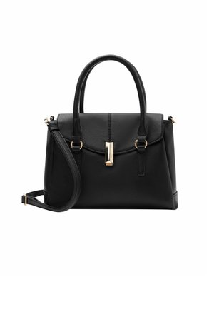 Borsa a tracolla in pelle nera con forma strutturata, doppio manico superiore, tracolla staccabile, finiture in oro e superficie texturizzata.